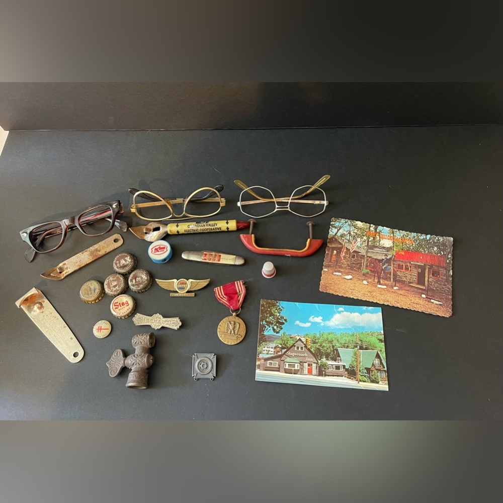 Vintage lot of Eyeglasses & Bottle Caps & Knick Knacks & Beer Memorabilia